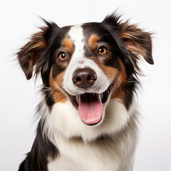  portrait of brown white and black medium mixed breed dog smiling against a white background