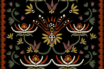Ethnic abstract pattern flower Ikat Aztec African Mexican tribal flower motif on black background border embroidery.