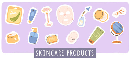 Face skin care cosmetic products stickers set. Facial mask, natural cream, oil bottles, massager, lotion, mirror, soap. Woman skincare, hygiene, spa treatment, beauty vector illustration collection