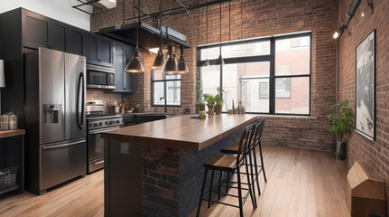 Spacious urban loft kitchen featuring exposed brick wall, black stainless appliances, extra long waterfall island with bar seating, pendant lights, wide plank floors.