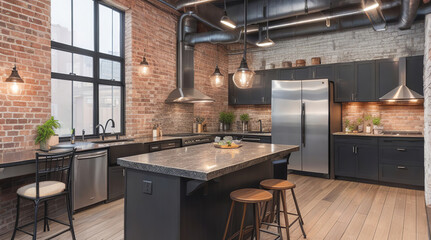 Industrial Chic Brick Wall Kitchen with Black Stainless Steel Appliances and Extra Long Waterfall Island