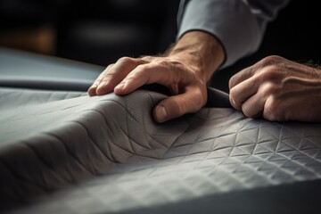Fototapeta premium A close-up image of a person cutting a piece of cloth. This picture can be used in various sewing, tailoring, or fashion-related projects