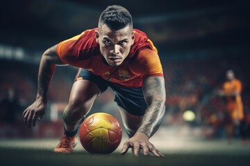 A soccer player crouches down to pick up a soccer ball. 