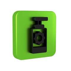 Black Sunscreen spray bottle icon isolated on transparent background. Protection for the skin from solar ultraviolet light. Green square button.