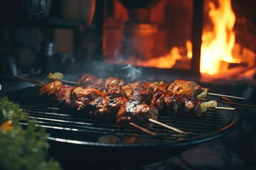 A picture of a grill with skewered meat and vegetables, perfect for barbecues and outdoor cooking - obrazy, fototapety, plakaty