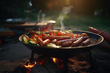 A picture of a grill with hot dogs and vegetables cooking on it. This image can be used to depict outdoor cooking, barbecues, summer gatherings, or food preparation - Powered by Adobe