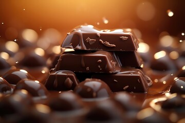 A pile of chocolate sitting on top of a table. This image can be used to depict indulgence, temptation, or a sweet treat for any occasion - obrazy, fototapety, plakaty