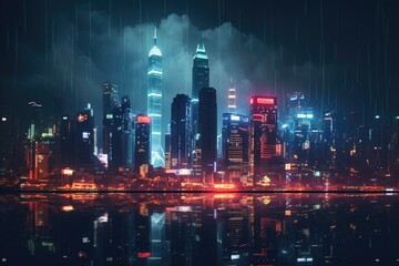 A captivating view of a city at night, with rain falling gently from the sky.