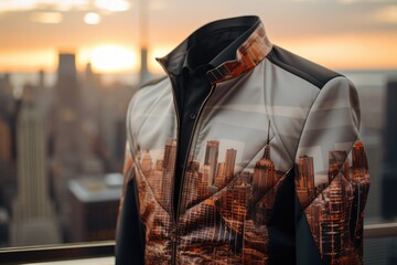 A stylish jacket featuring a vibrant cityscape in the background.  - obrazy, fototapety, plakaty