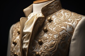 A close-up view of a gold and white jacket displayed on a mannequin. This stylish jacket can be used for fashion-related projects or to showcase the latest trends
