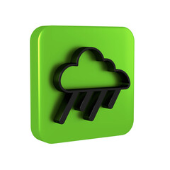 Black Cloud with rain icon isolated on transparent background. Rain cloud precipitation with rain drops. Green square button.