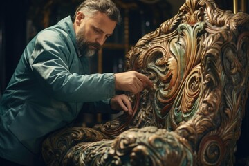 A man in a blue shirt diligently working on carving a chair. This image can be used to depict craftsmanship, woodworking, furniture making, or DIY projects