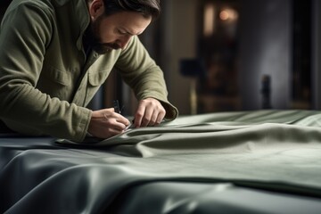 A man diligently working on a piece of cloth. This image can be used for various creative projects or as an illustration of craftsmanship - obrazy, fototapety, plakaty