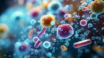 Concept of microscopic microbiome view of bacteria culture in the gut, healthy microorganisms, pathogen and cells macro shot, colorful biology and virology background