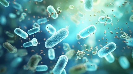 Fotobehang Concept of microscopic microbiome view of bacteria culture in the gut, healthy microorganisms, pathogen and cells macro shot, colorful biology and virology background © OpticalDesign