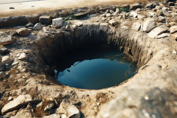 A picture of a hole in the ground filled with water. This image can be used to depict various concepts such as nature, environment, or construction projects involving excavation