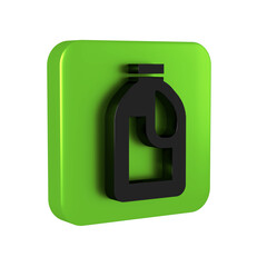 Black Plastic bottle for laundry detergent, bleach, dishwashing liquid or another cleaning agent icon isolated on transparent background. Green square button.