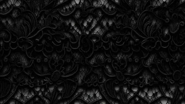 Seamless intricate black lace fabric texture with vintage gothic pattern