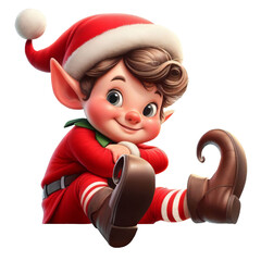 A happy Christmas Elf sitting on a flat surface isolated on a transparent background	