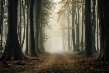 A mysterious path winds through a foggy forest. Perfect for nature and adventure-themed projects