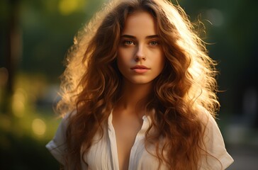 Fototapeta premium Portrait of a young woman with long hair at sunset