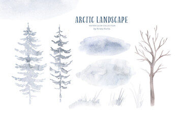 Winter arctic landscape set creator iceberg, ice, set of mountains and fur tree, pine tree tree collection. © kris_art