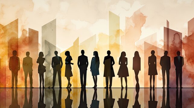 AI-generated colorful illustration of a lineup of silhouetted women and men. MidJourney.