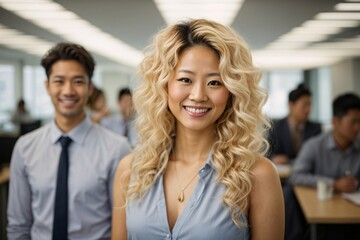 Fototapeta premium Smiling attractive curly blonde confident professional japanese woman posing at her business office with her coworkers and employees in the background.