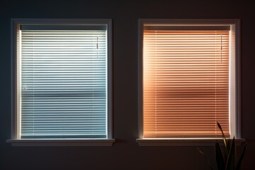 A couple of windows with blinds in a room. Suitable for interior design or home improvement projects