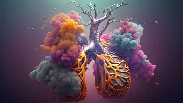 Human lungs with colorful explosions, symbolizing breathing and life