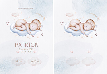 Watercolor newborn Baby Shower greeting card with babies boy. Birthday card with text space of new born baby and pregrand women invitation. - obrazy, fototapety, plakaty