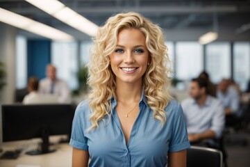 Smiling attractive curly blonde confident professional swedish woman posing at her business office with her coworkers and employees in the background.