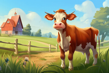 Cute Cartoon Storybook Cow Illustration on a Farm
