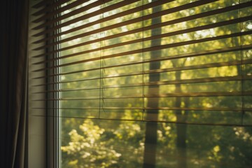 A close-up photograph of a window with blinds. This image can be used to depict privacy, home interior, or natural lighting