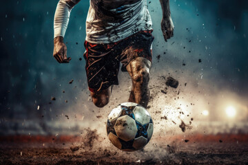 A man is seen kicking a soccer ball on a field. This image can be used to depict various concepts such as sports, athleticism, teamwork, and competition