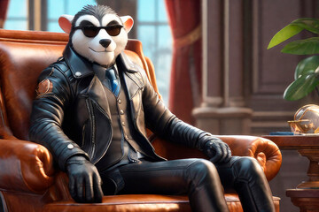 Animal portrait with human body sitting in a chair, big boss. Cartoon animation character, anime style, 3d illustration.