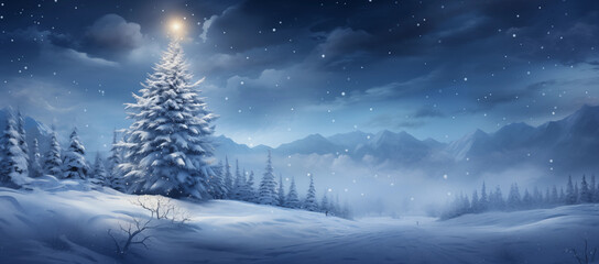 Fototapeta na wymiar Beautiful Christmas snowy background. Christmas tree in the forest in snowdrifts snowfall outdoors