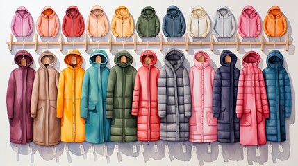 AI-generated illustration of women's and girls' jackets in a range of colors. MidJourney.