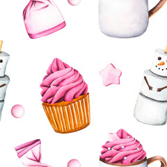Seamless pattern with cupcake pink and white cream. Hot drink cup with whipped cream. Sweet dessert muffin and marshmallow snowman. Watercolor illustration for postcards, design, print