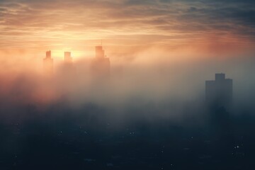 A captivating view of a city covered in a thick fog during a mesmerizing sunset. 
