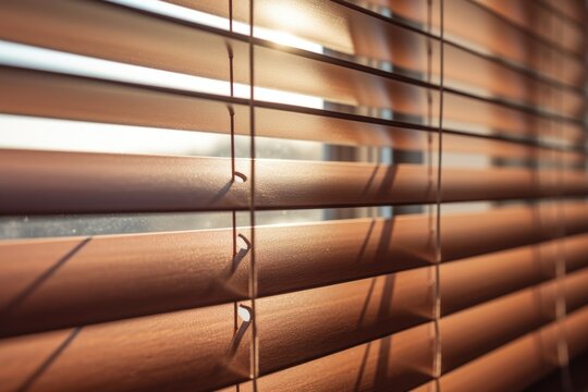 A detailed view of wooden blinds on a window. This image can be used to showcase interior design, home decor, or window treatment options