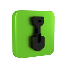 Black Shovel icon isolated on transparent background. Gardening tool. Tool for horticulture, agriculture, farming. Green square button.