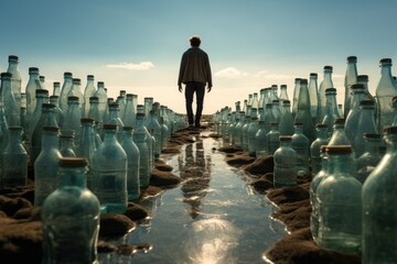 A man standing in a field filled with empty bottles. This image can be used to represent recycling, environmental issues, or excessive waste - obrazy, fototapety, plakaty