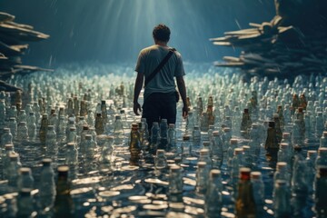 A man is standing in a field filled with empty bottles. This image can be used to represent waste, pollution, recycling, or environmental issues - obrazy, fototapety, plakaty