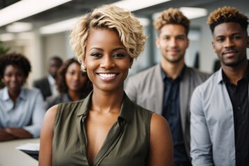Obraz premium Smiling attractive short hair blonde confident professional black woman posing at her business office with her coworkers and employees in the background.
