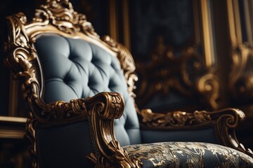 A picture of a blue and gold chair in a room. This image can be used for interior design inspiration or furniture advertisements