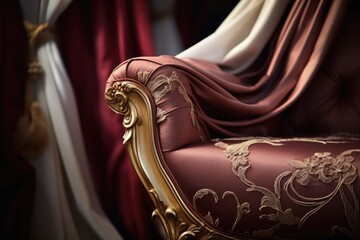A picture of a red and gold chair with a white curtain in the background. This image can be used to add elegance and sophistication to any interior design project