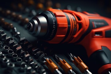 A detailed view of a drill and screwdriver placed on a table. This image can be used to depict DIY projects, home repairs, or construction work. - obrazy, fototapety, plakaty