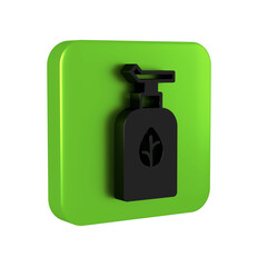 Black Organic cosmetic icon isolated on transparent background. Body care products. Green square button.