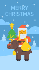 Santa sitting on reindeer holding gift bag and Christmas tree
